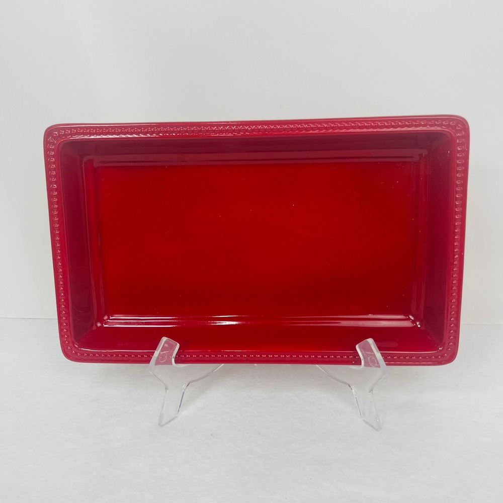 Unbranded Serving Tray OS Rectangular Red Beaded Rim Glossy Ceramic Excellent